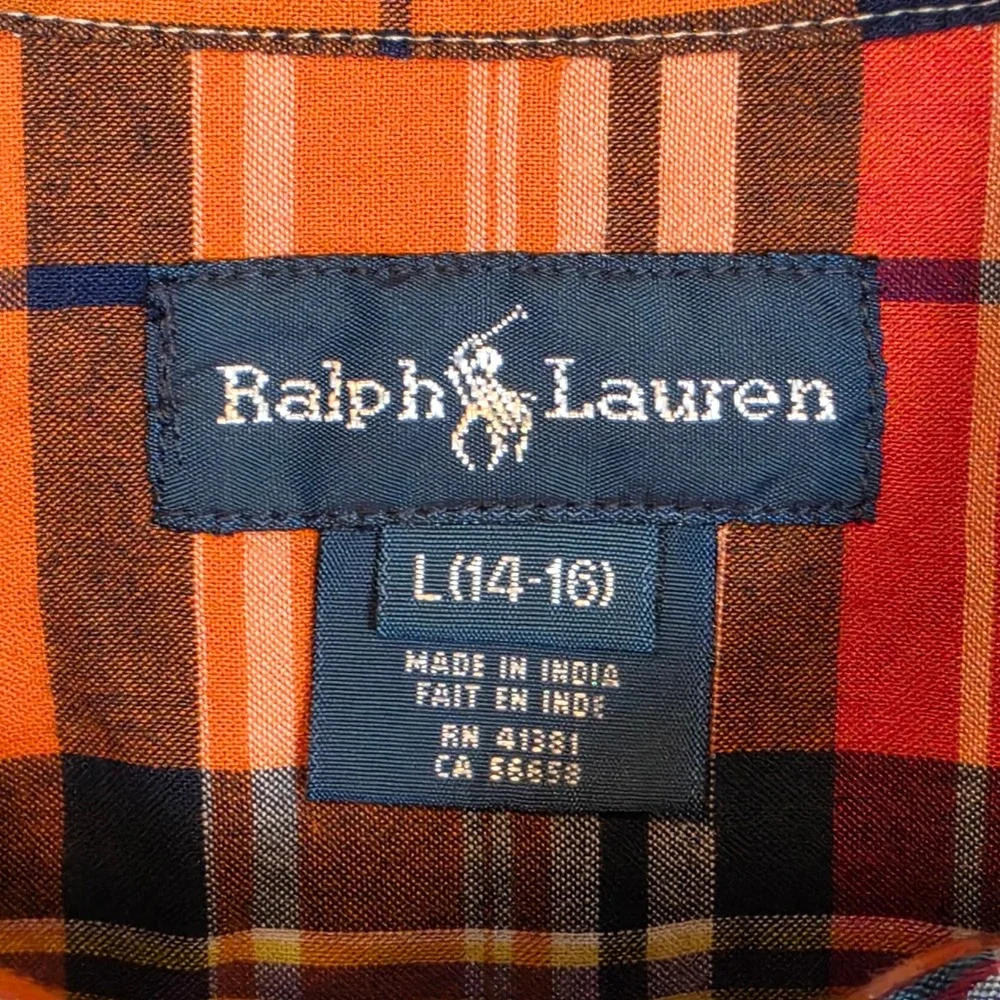 Ralph Lauren Boys Orange Plaid Cotton Button Down Shirt L 14-16 Long Sleeve Pony